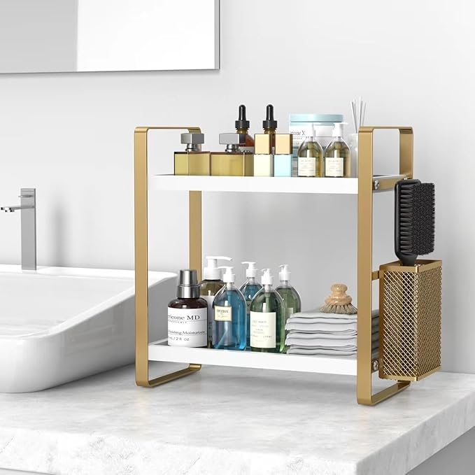 LEMIKKLE Bathroom Counter Organizer with Basket, Perfume,Makeup Organizers for Vanity,Storage Organizers for Bathroom, Kitchen, Dresser（White）