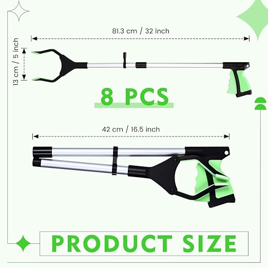 Ctosree 8 Pack 32" Trash Grabber Reacher Tool for Elderly, Foldable Litter Picker Upper, Lightweight Trash Pick up Stick, Long Handy Mobility Aids for Home Garden Arm Extension(Green)