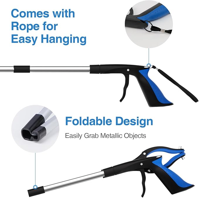 2-Pack Grabber Reacher Tool, 32 Inch Extra Long Steel Foldable Pick Up Stick with Strong Grip Magnetic, 90° Rotating Anti-Slip Jaw, Trash Claw Grabber Tool, Hand Grabber for Reaching, Arm Extension