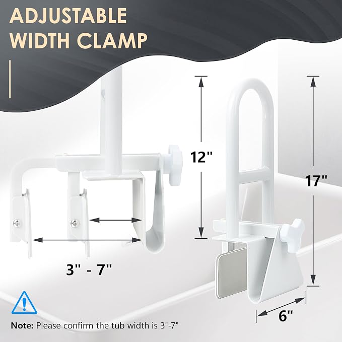 Bathtub Safety Rail, Heavy Duty Bath and Shower Grab Bar for Seniors and Elderly, Safety Assistance Bathtub Handle with Adjustable Clamp, Fits Tub Width 3 to 7 Inches, Supports Up to 300lbs
