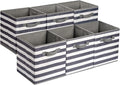 Amazon Basics Collapsible Fabric Storage Bins with Handles, Cube Organizer for Home Organization, 10.5"x10.5"x11", White/Light Grey Stripe, 6-Pack