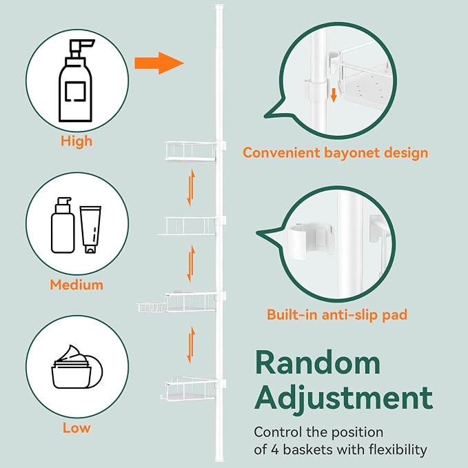 Corner Shower Caddy Tension Pole, 4 Tier Rustproof Shower Tension Rod Organizer, Adjustable 25-125 Inch Bathroom Shower Organizer Shelves for Bathtub Shampoo Storage, White