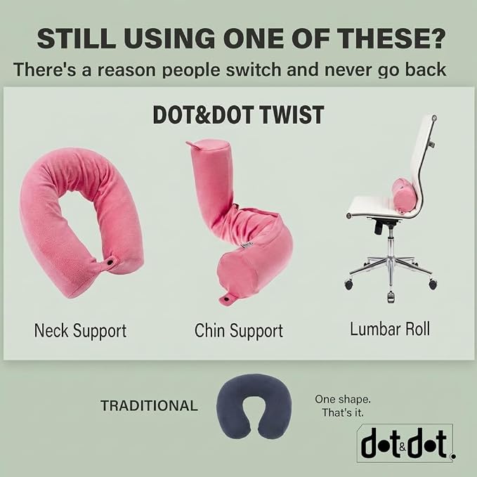 Dot&Dot Twist Memory Foam Travel Pillow for Airplanes - Neck Pillow for Sleeping - Airplane Pillow for Neck Support, Chin, Lumbar and Leg - Bendable Neck Roll Pillow Travel Essentials
