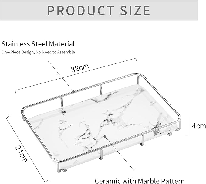 Dobbyby Vanity Tray Makeup Organizer Cosmetics Storage Bathroom Skincare Organizer Countertop Display Rack in Dresser Stainless Steel Shelf Marble Print Ceramic Trays