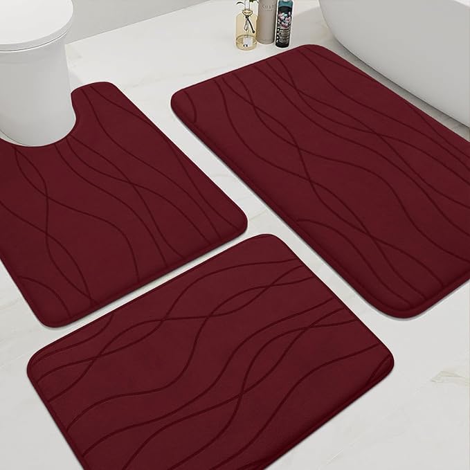 YIHOUSE Memory Foam Bathroom Rug Sets, Dark Red, 3 Piece | Ultra Soft, Absorbent, Non-Slip, Machine Washable