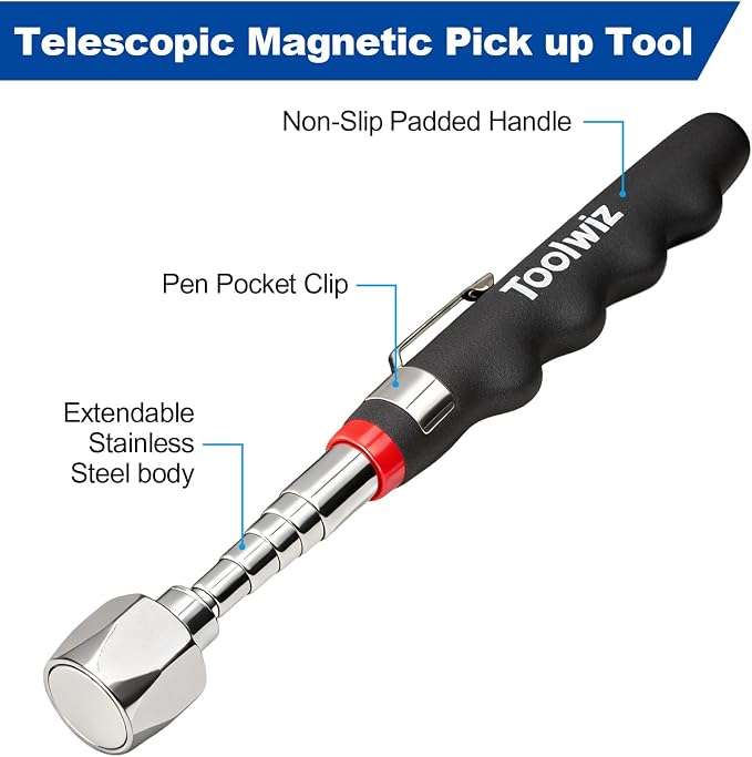 Toolwiz 15" Rolling Magnetic Sweeper 10lbs, with 16 lbs Telescopic Magnetic Pick Up tools –Lightweight Pick-up Sweeper with Wheels for Nails, Screws & Metal Debris Home Use Workshop Garage