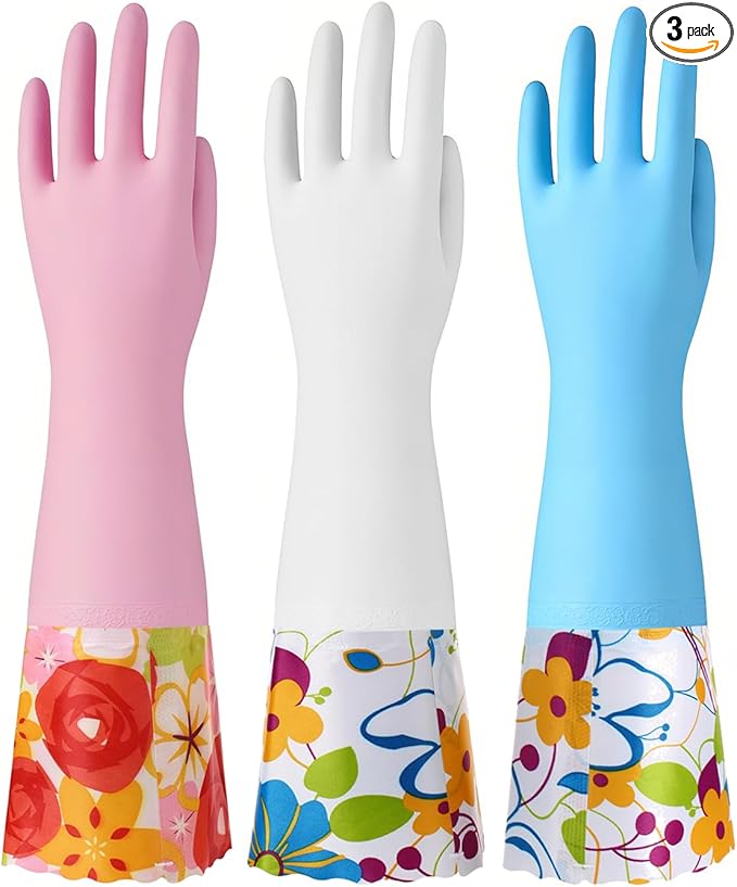 Bamllum 3 Pairs Rubber Cleaning Gloves, Household Kitchen Dishwashing Gloves with Cotton Flocked Liner, Long Cuff 16 Inches, Reusable, Non-Slip (Large, Blue+Pink+White)