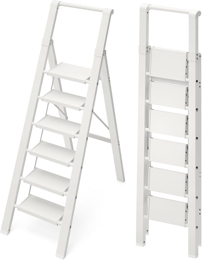 6 Step Ladder, Aluminum Folding StepStoowith Convenient Handgrip,Lightweight 330lbsCapacityStep Ladder for Household, Ofice, Kitchen(White)