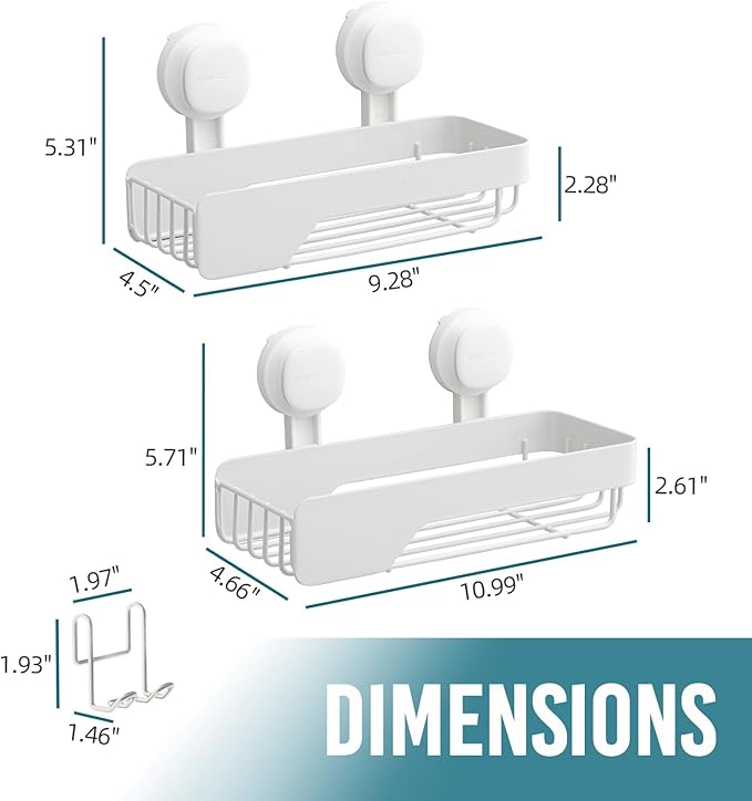 TAILI Shower Caddy Suction Cup 2 Pack With Visible Safety Indicator, Stainless Steel Rustproof Shower Shelves, No Drilling Wall Mounted Basket, Upgraded Removable Suction Cup Bathroom Organizers,White