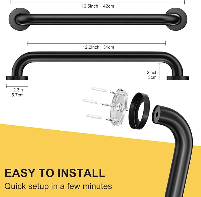 FANHAO 2 Pack Shower Grab Bar, 16 Inch Stainless Steel Bathroom Grab Bar Handicap Bars, Heavy Duty Shower Handle Bath Handle, Safety Bars for Seniors, Elderly or Handicapped (Matte Black)