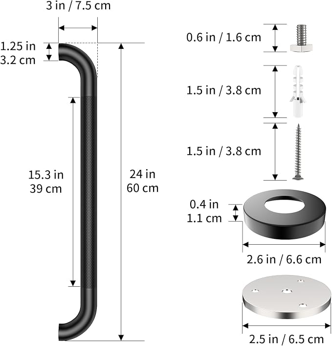 2 Pack 24 Inch Shower Grab Bar, ZUEXT Matte Black Stainless Steel Bathroom Safety Handle w/Knurled Grip, Heavy Duty Wall Mounted Bathtub Toilet Support Rail for Seniors Disabled (1.25" Diameter)