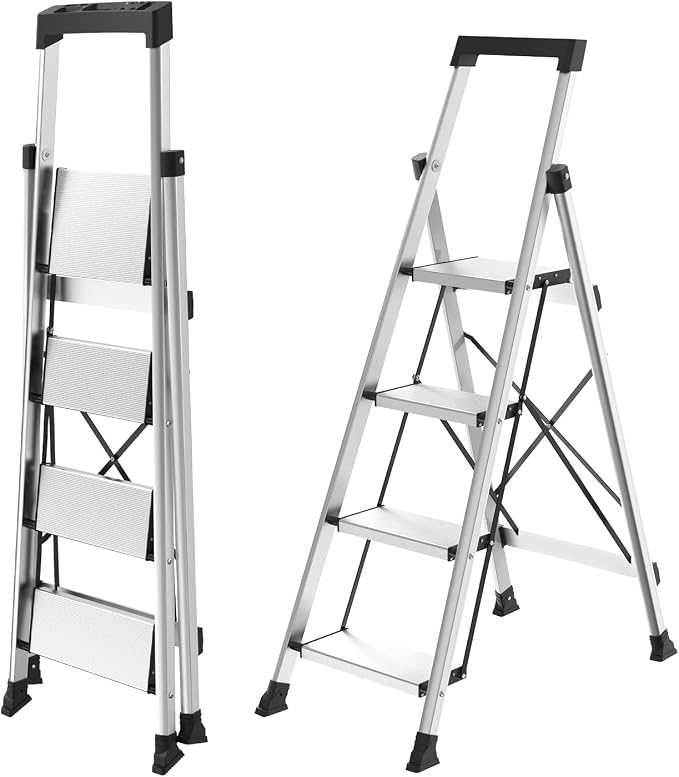 HBtower 4 Step Ladder, Lightweight Aluminum Ladders for Home with Tool Tray, Anti-Slip Folding Step Stool for Adults, Strudy Portable 330LBS Capacity