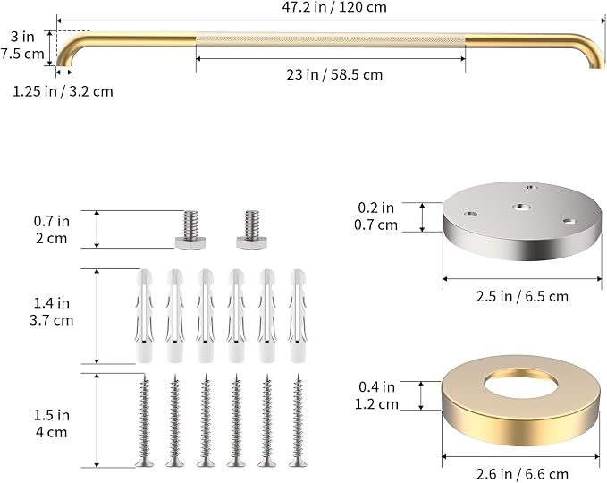 Brushed Gold Shower Grab Bar w/Anti-Slip Knurled Grip 2 Pack 47 Inch,YuanDe Stainless Steel Bathroom Grab Bars,Handicap Injury Elderly Senior Assist Support Shower Handle