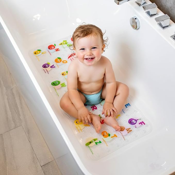 BEEHOMEE Polyvinyl Chloride (PVC) Bath Mat, Alphabet, Square, XL Size, 35x16 inch, Textured Pattern, Suction Cups - Bath Mats for Tub Kids