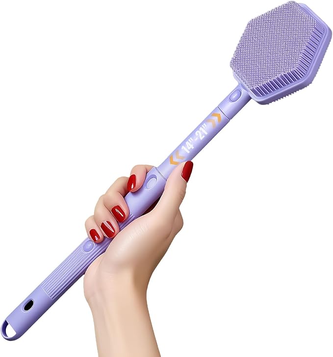 AIMAIAIMAI Silicone Back Scrubber for Shower – 21in Extendable Shower Brush with Long Handle – Dual-Sided Back Brush with Non-Slip Grip, Gentle Cleansing & Exfoliation for Men, Women, Elderly (Purple)