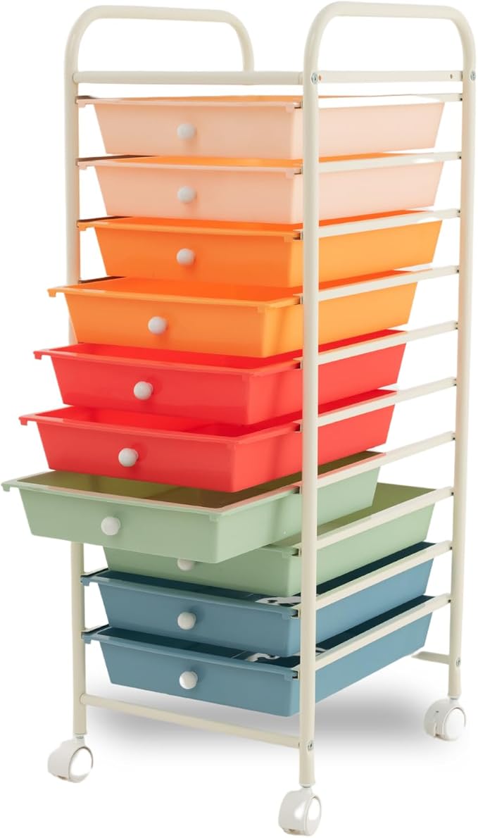 10-Drawer Rolling Storage Cart, Trolley w/Lockable 360° Wheels, 10 Removable PP Drawers, Sturdy Metal Frame, Rolling Utility Cart Perfect for Home, Office, Classroom (Macaron)