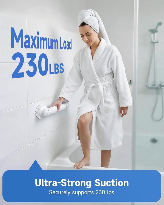 2 Pack Suction Cup Grab Bars for Bathtubs and Showers, 11 Inch Bathroom Safety Grip No Drilling & Waterproof, 230lbs Shower Handle Removable Bath Handrails for Seniors and Elderly, White