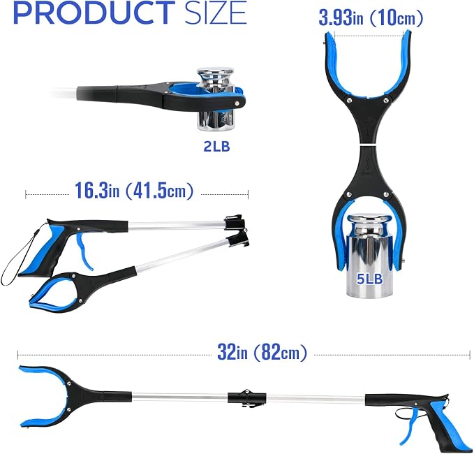 Grabber Reacher Tool,32 Inch Extra Long Foldable Pick Up Stick with Buckle and Rope and with Strong Grip Magnetic,360°Rotating Anti-Slip Jaw,Trash Picker Tool for Outdoor & Indoor (Blue)