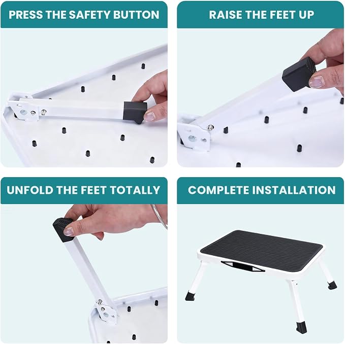 NEWBULIG Foldable Step Stool, 330lbs Capacity Reinforced Sturdy Metal, Non-Slip Platform & Thickened Rubber Feet for Home, Kitchen, RV, Indoor Outdoor, Black & White