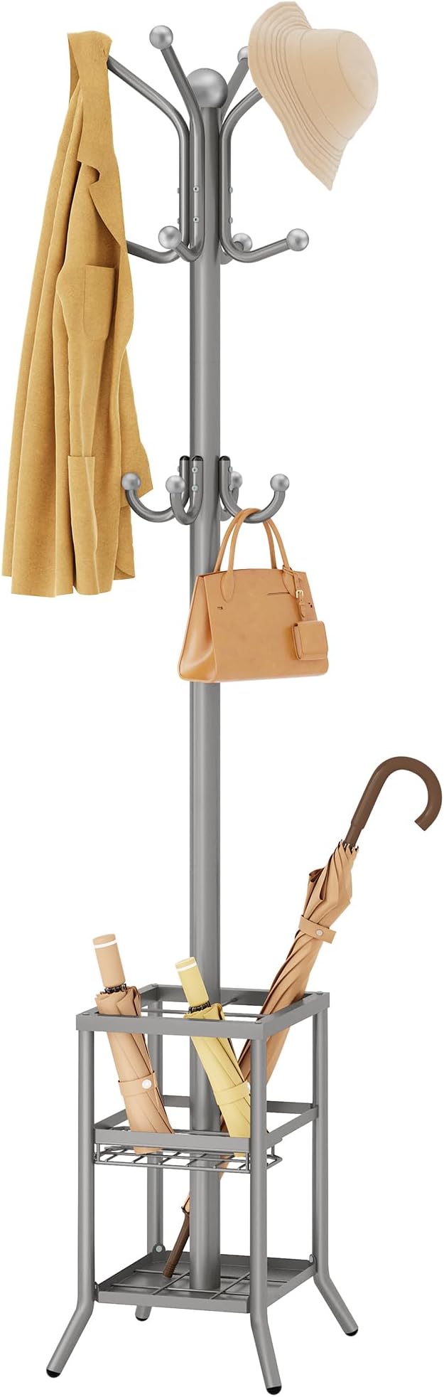 FAVOOSTY Coat Rack Freestanding,Coat Rack Stand with Umbrella Holder,Metal Coat Tree with 12 Hooks,Tree Clothes Hat for Entryway, Hallway, Bedroom, Living Room & Office - Silver Grey