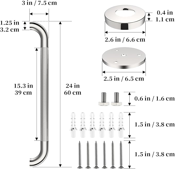Chrome Bathroom Grab Bars 24 Inch, iHansee Anti Slip Grab Bar w/Knurled Grip, Stainless Steel Safety Handle for Bathtub, Wall Mounted Balance Support Handrail, Handicap Shower Bars for Senior Elderly
