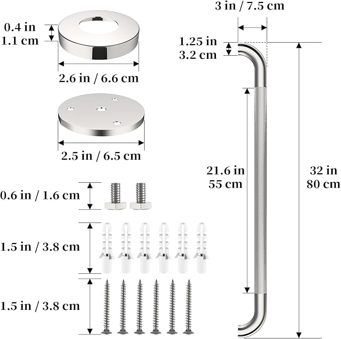 Polished Chrome Grab Bar 32 Inch, iHansee Anti-Slip Bathroom Grab Bar w/Knurled Grip, Stainless Steel Safety Handrail for Toilet Bathtub, Wall Mounted Shower Handle Handicap Bars for Senior Elderly
