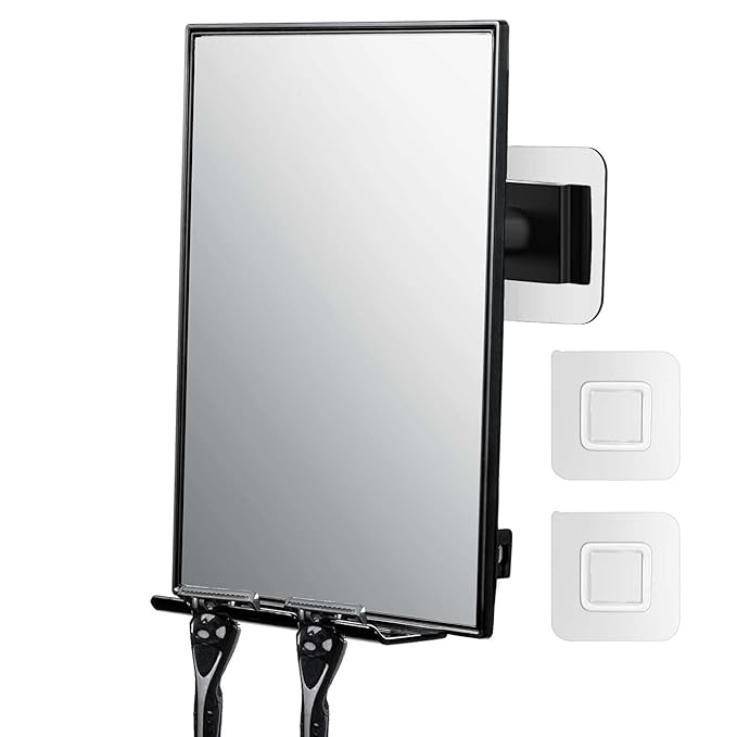 LFOYOU Shower Mirror for Shaving & Washing Your Face with a Squeegee - Built-in Two Razor Holder, 360°Rotation Adjustable Shaving Bathroom Mirror - Easy Install, Home Shower Accessory(Not Fogless)