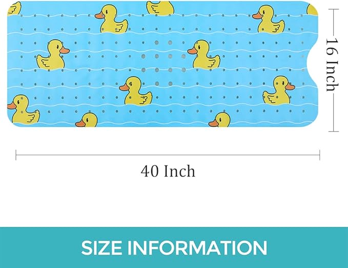 Bath Mat for Tub Non Slip Baby Kids Bathtub Mat Extra Long 40X16 Inch Blue Toddler Shower Mat Anti Slip Tub Mat with Suction Cups & Drain Holes, Machine Washable,Duck