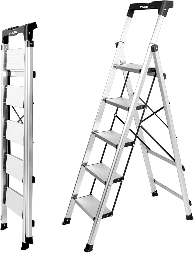 Valeo Aluminium 5 Step Ladder with Retractable Handgrip,Anti-Slip Pedal,330 lbs Capacity,Folding Step Stool for Kitchen, Garage, Home, Space Saving, Sturdy and Portable, Silver