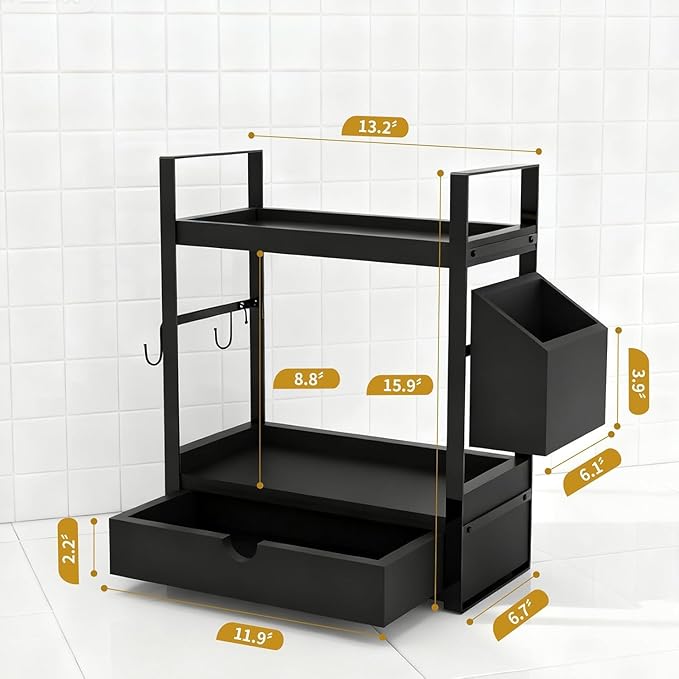 2-Tired Bathroom Counter Organizers and Storage, Coffee Bar Organizer with Drawer, Solid Wood Skincare Perfume Organizer for Vanity Kitchen Corner Shelf Office Countertop (Black)
