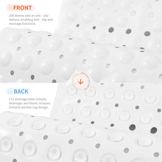 Anti-Slip Bathtub Shower mat, 40×16 inch（ 100 × 40cm） Soft Oversized Machine Washable Non-Slip Bathtub mat with Drainage Holes, Bathroom Floor Suction Cup.（1-Opaque White）