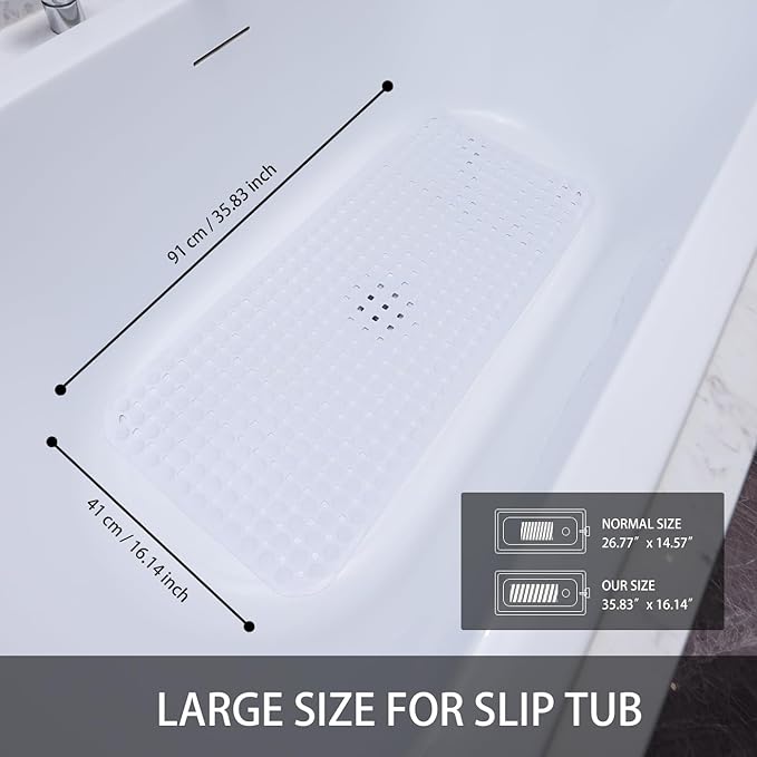 SELIBRE Extra Large Non-Slip Bathtub Mat 36x17, TPR Shower Mat 198+ Suction Cups, Bath Mat for Elderly Kids Pet Dog Grooming, Machine Washable Fast Draining Bathtub Liner, Foot Massage for Inside Tub