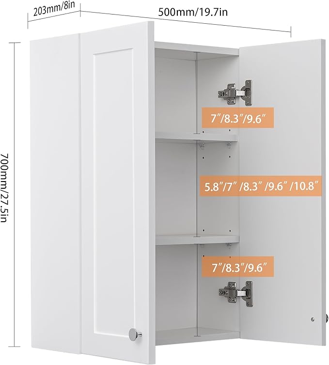 VANIRROR White Wall Mount Cabinet, MDF Over the Toilet Storage Cabinet with Adjustable Shelves, Space Saver 2 Door Medicine Cabinet for Bathroom Laundry Kitchen, 19x 27in, No Paint Odor