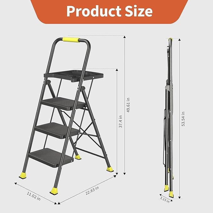 DIAMONDFORGE 3 Step Folding Ladder, 600lbs Capacity Steel Stool with Tool Platform, Wide Anti-Slip Pedal & Feet, Sturdy Steel Construction, Step Ladder for Home Office, Black Yellow