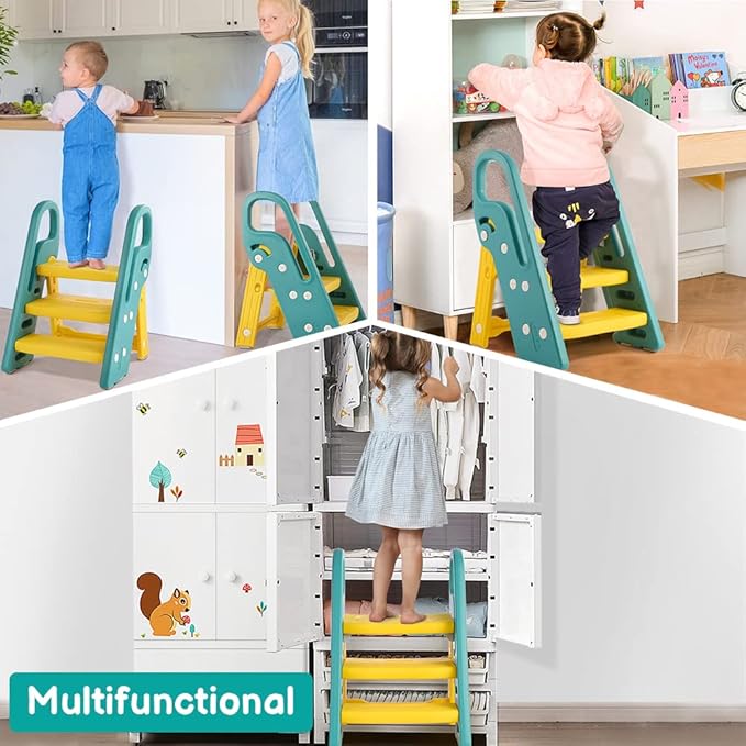 Onasti Foldable Toddler Step Stool for Bathroom Sink, Adjustable 3 Step Stool for Kids Toilet Potty Training Stool with Handles, Child Kitchen Counter Stool Helper, Plastic Ladder for Toddlers Green