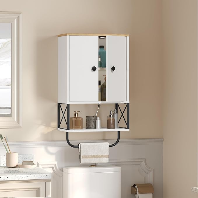 MAHANCRIS Bathroom Wall Cabinet with 2 Door and Adjustable Shelf, Medicine Cabinet with Towel Rack, 3-Tier Wall Mounted Storage Cabinet Over The Toilet for Bathroom Laundry Room, White and Natural