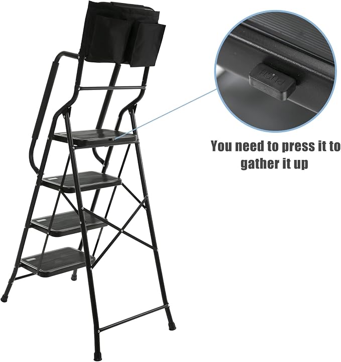 WiberWi 4 Step Ladder with Handrails 500 lb Capacity Step Stool Folding Portable Ladders for Home Kitchen Steel Frame with Non-Slip Wide Pedal Stepladder with Attachable Tool Bag Black