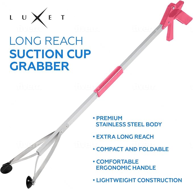 Grabber Tool 32" Suction Cup Grip Heavy Duty Aluminum -2 Pack- Lightweight Foldable Reacher Grabber Pickup Tool, Gripper Grabbers for Elderly Grab it Reaching Tool Trash Picker Grabber Pink, By Luxet