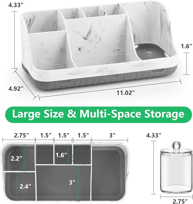 GFWARE Bathroom Toothbrush Holder Set with 2 Pack Qtip Holder Dispenser - Detachable 7 Slots Bathroom Accessory Set, Kids Marble Bathroom Sink Counter Set, Bathroom Essentials Decor, Grey