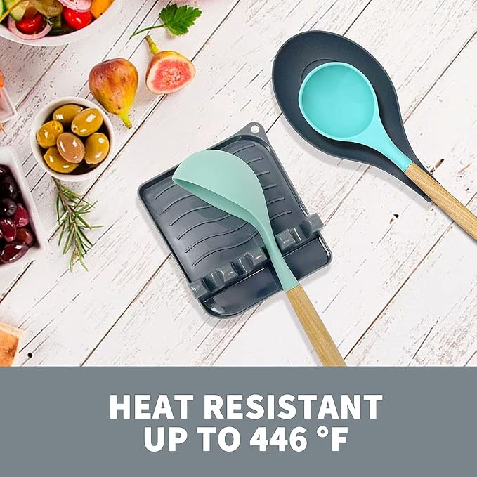 2 Pack Multiple Utensil Spoon Rest with Drip Pad Non-Slip Heat Resistant Kitchen and Grill Spoon Holder for Spatula, Ladle, Tongs, Kitchen Gadgets, and Cooking Accessories (Silver Gray)