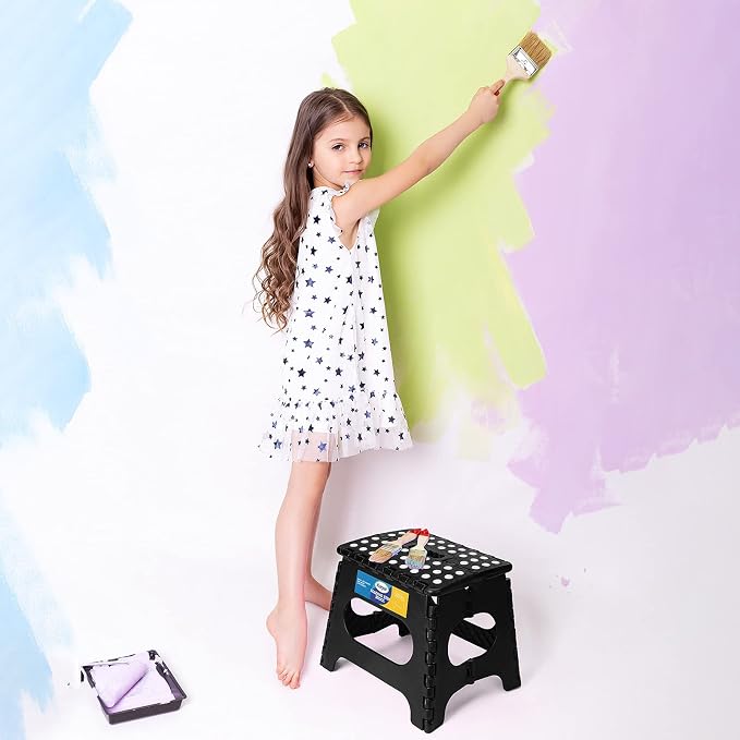 Korpai 11" Folding Step Stool for Adults and Kids Holds Up to 300 lbs,Non-Slip Folding Stools with Portable Handle, Compact Plastic Foldable Step Stool for Bathroom,Bedroom, Kitchen Black, 1PC