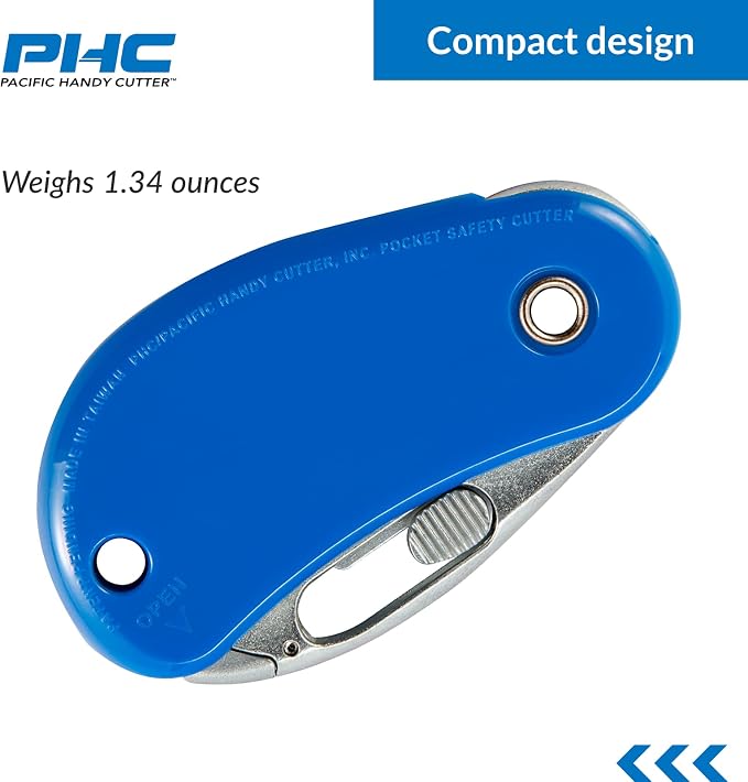 Pacific Handy Cutter PSC2 Pocket Safety Cutter, Box of 12, Blue, Compact Design with Integrated Bladeless Tape Splitter, Self-Retracting Safety Point Blade for Boxes, Tape, String, Paper, or Plastic