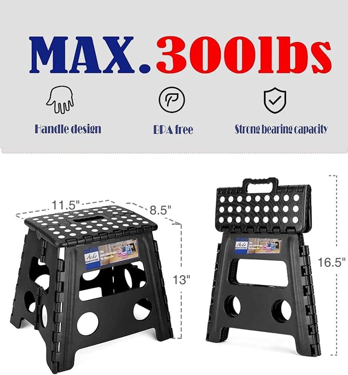 ACKO Folding Step Stool 13 Inch, Sturdy Collapsible Step Stool Foldable Up to 300 lbs for Adults, Non Slip Lightweight Foot Stools with Handle, Ideal for Kitchen, Bathroom, Bedroom, Garden