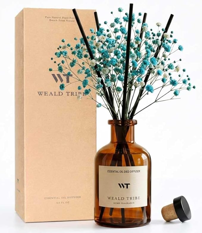 WEALD TRIBE Flower Reed Diffuser Set Ocean Mist & Sea Salt Scent for Bathroom Air Fresheners | 4.0 fl oz Essential Oils with Sticks Home Fragrance Defusers | House Bedroom Office Shelf Decor & Gift
