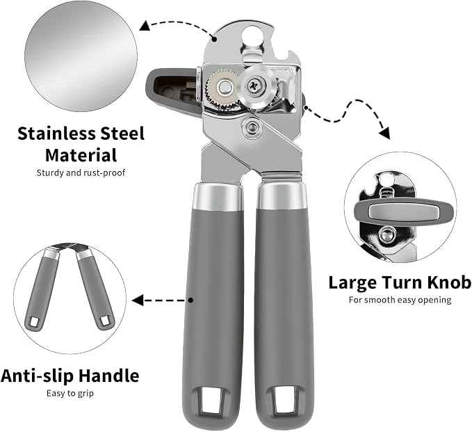 Can Opener Manual, Hand Heavy Duty Stainless Steel Bottle Opener Comfortable Handle, Sharp Blade Smooth Edge, Multifunctional Kitchen Tool, Gray