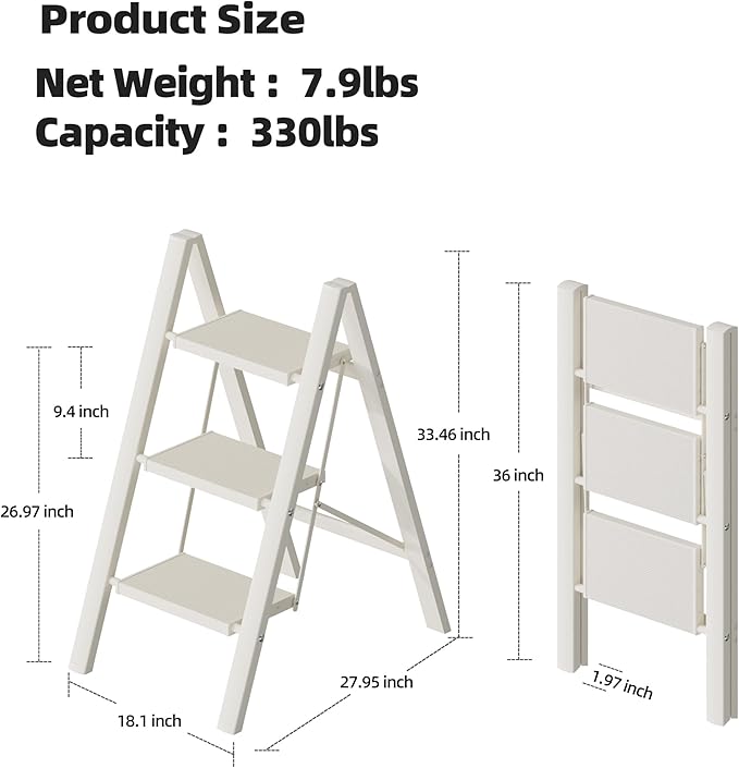 HillhutApex 3 Step Ladder, Lightweight Portable 3 Step Stool with Anti-Slip Wide Pedal, 330lbs Capacity Aluminum Ladder for Household,Office,Kitchen(White)