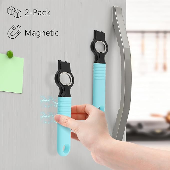2-Pack Magnetic Beer Bottle Opener & Soda Can Opener, 2-in-1 Bottle Opener and Can Tab Opener Tool for Bartender, Long Nails, Arthritis, Seniors, Silicone Handle with Build in Magnet - Aqua
