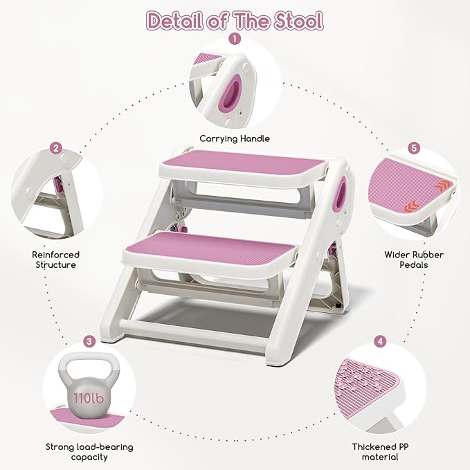 MoreFeel Foldable Toddler Step Stool for Bathroom Sink - 2-Step Kids Stool for Potty Training, Kitchen Counter & Bedroom, Sturdy Non-Slip Child Safety Stool Helper