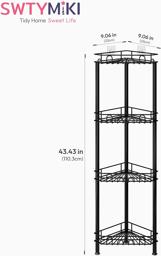 SWTYMIKI Standing Shower Caddy Corner - 4‑Tier Stainless Steel Shower Organizer Shelf with 16 Hooks and Adhesive Pads, Rustproof Corner Shelves Stand Rack for Bathroom Shower Room, Black