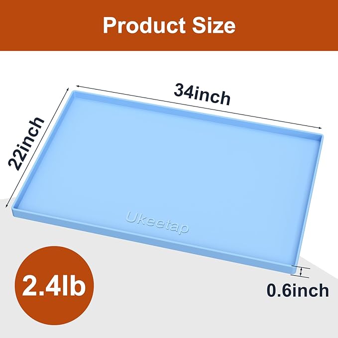 ukeetap Extra Thick Silicone Mat Waterproof with Raised Edge 34" x 22", Under Sink Mat for Kitchen & Bathroom, Kitchen Cabinet Liner, Multi-Purpose for Storage & Protection, Blue
